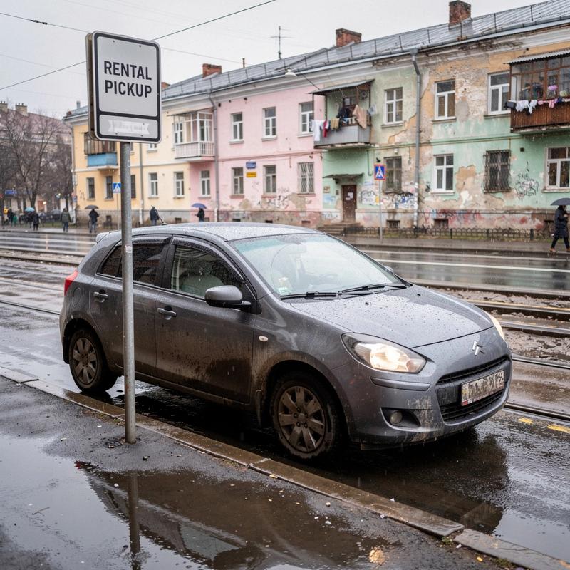 Compact hatchback parked on a city street beside a rental pickup point